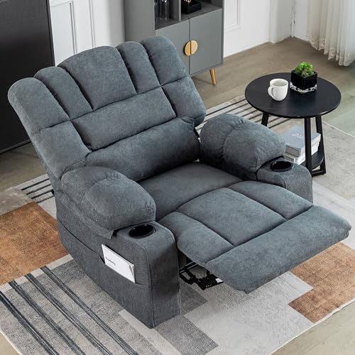 Oversized Recliner Chair for Adults, Extra Wide Seat, Chenille with Pockets (Grey) B6810