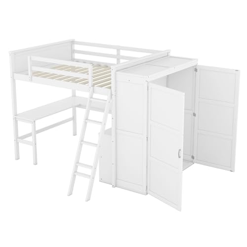 SOFTSEA Twin Size Loft Bed with Desk & Wardrobe, Solid Wood, Grey Q18519