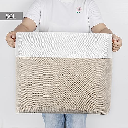 Large Fabric Storage Baskets with Handles 3 Pack, Beige & White Y2184