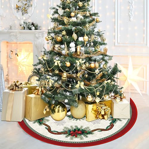 Christmas Tree Skirt 36 Inches with Ribbon Holly, Winter Xmas Tree Mat M27278