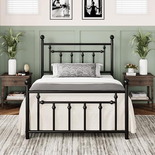 Allewie 14 Inch Full Size Metal Platform Bed Frame with Victorian Headboard, Black E84939