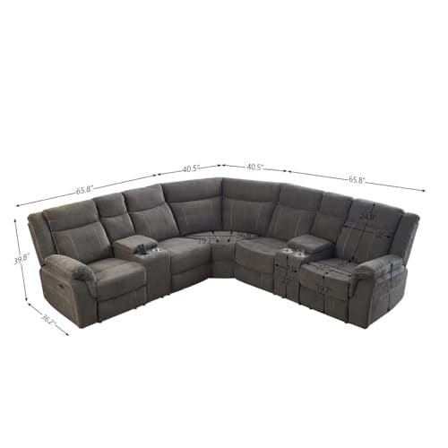 Power Recliner Sofa Grey Fabric Sectional with Cup Holders K157