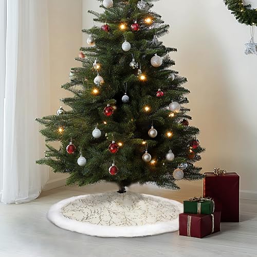 SYITCUN Christmas Tree Skirt, 48 Inch White and Gold Faux Fur F99847
