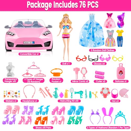 76 Pcs Doll & Convertible Car Playset with 11.5 In Doll, Princess Dresses, Shoes & Accessories L6719