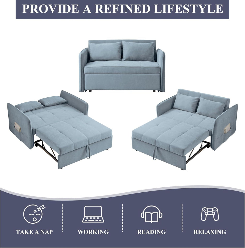 Chenille Fabric 3-in-1 Double Sofa Bed with Pull-Out Bed, Bluish Grey Q8445