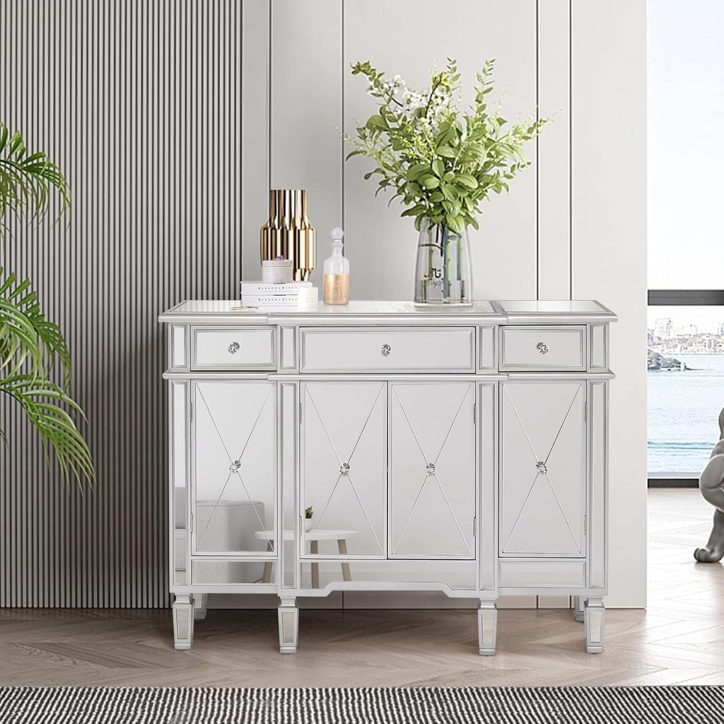 Mirrored Console Table Sideboard with 3 Drawers and Doors for Hallway and Living Room S324117