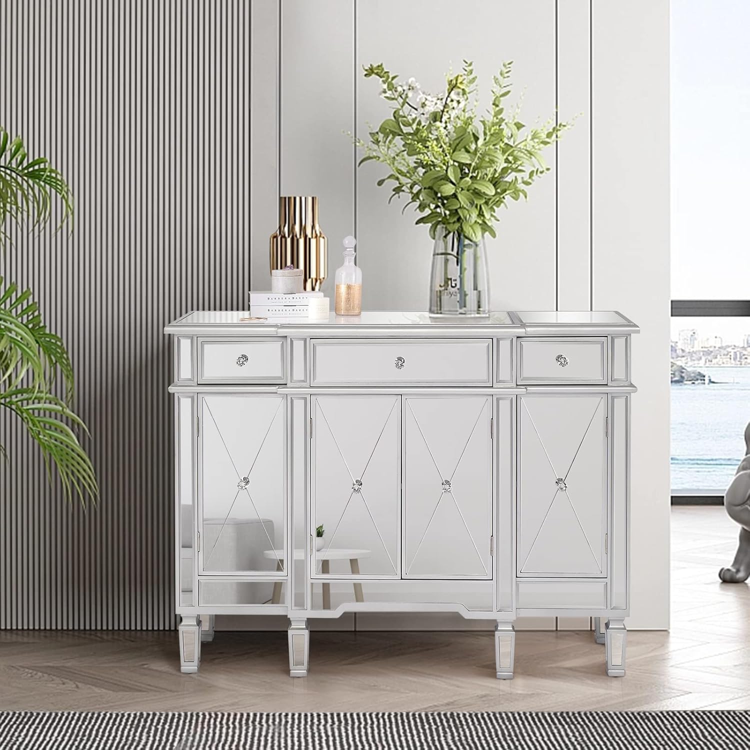 Mirrored Console Table Sideboard with 3 Drawers and Doors for Hallway and Living Room S324117