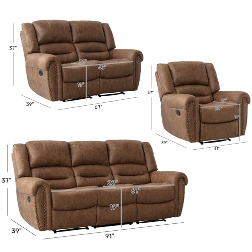 CANMOV Manual Recliner Sofa Set 2 Pieces for Living Room, Nut Brown J9617