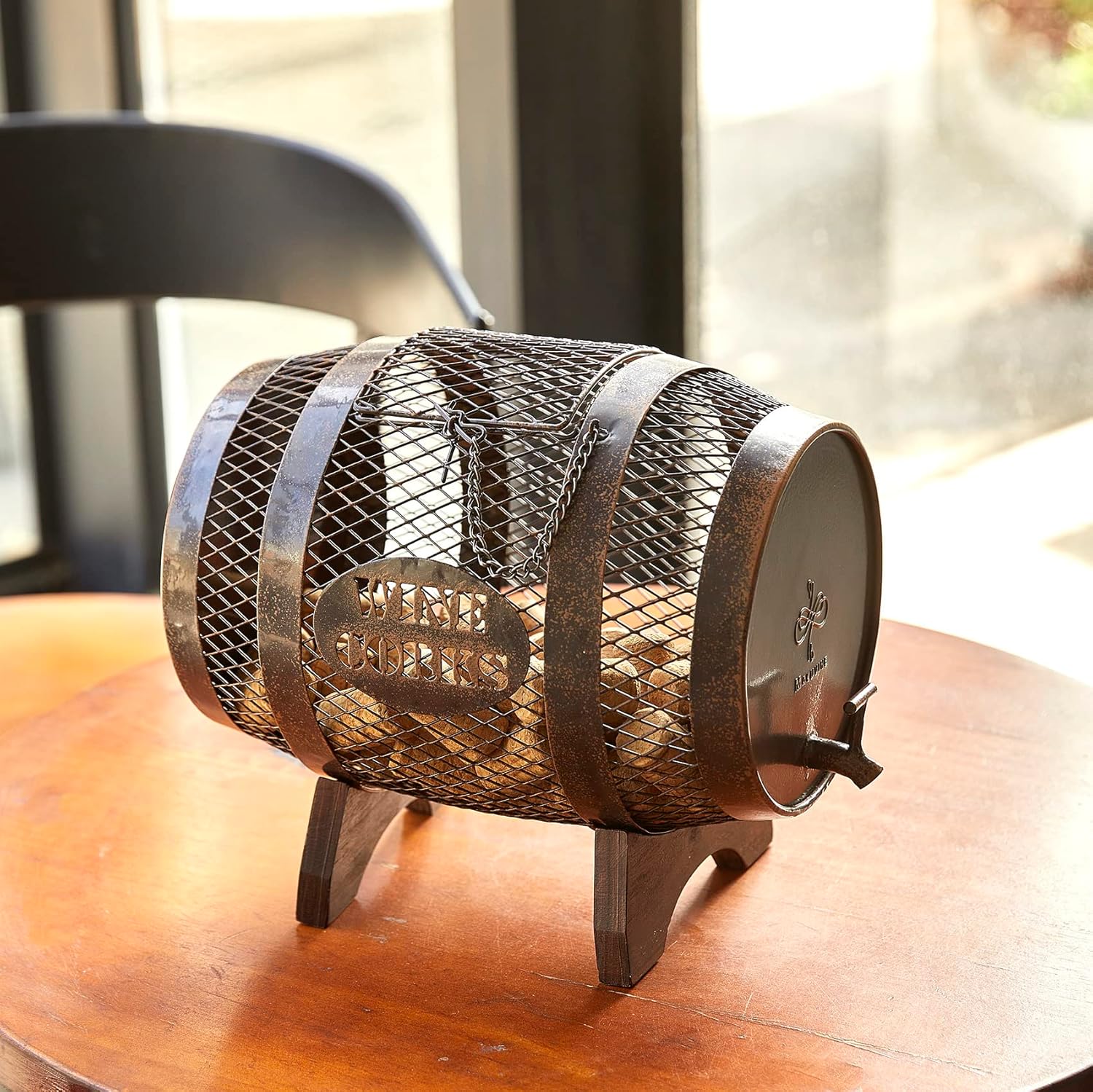Rustic Metal Barrel Wine Cork Holder with Wooden Stand Z81334