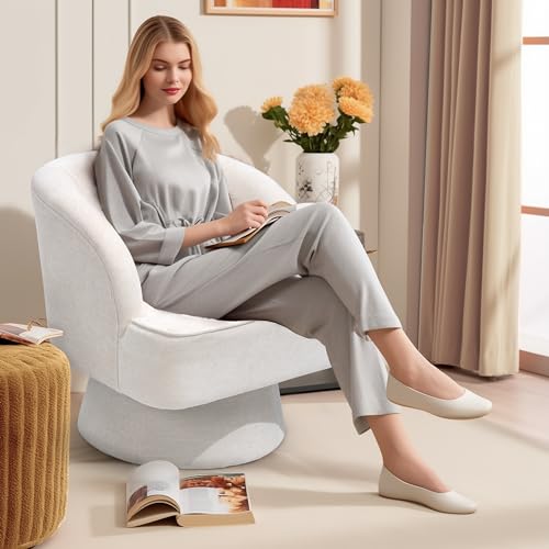Swivel Barrel Chair Modern 360 Degree Accent Chair Upholstered Linen Fabric for Living Room Bedroom Office (Beige) G6876