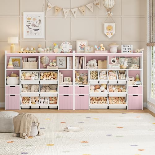 HORSTORS 55" W Toy Storage Organizer with Drawers and Removable Bins, Pink I970901