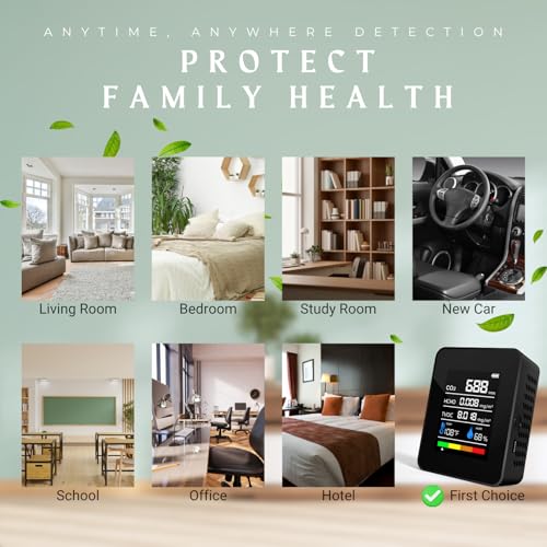 CO2 Detector Air Quality Monitor Indoor, 5-in-1 Formaldehyde/TVOC/Temperature/Humidity, Portable, Black E38424