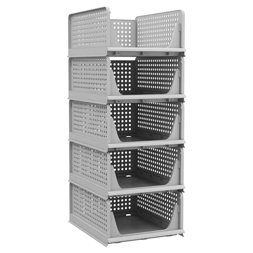 Pinkpum 5 Pack Stackable Plastic Storage Basket Foldable Closet Organizer H484802