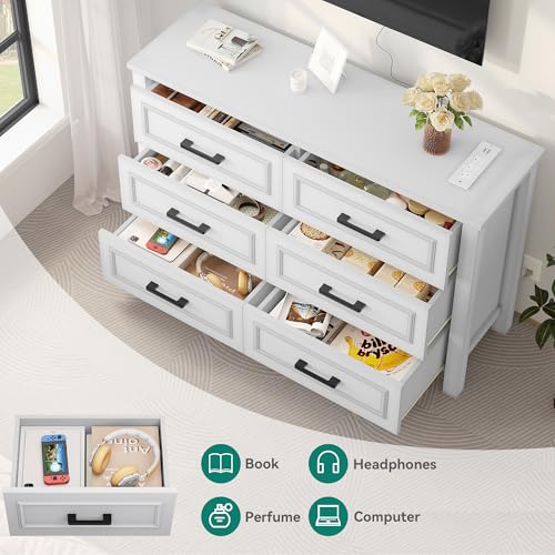 YITAHOME 6-Drawer Dresser with Power Outlet, White H903