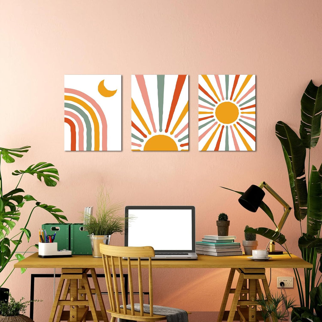 LyeArtork 3 Piece Boho Canvas Wall Art Neon Geometric Sun Moon Prints 12"x16" G140603
