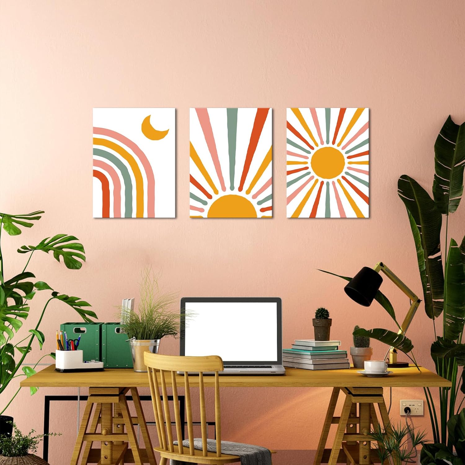 LyeArtork 3 Piece Boho Canvas Wall Art Neon Geometric Sun Moon Prints 12"x16" G140603