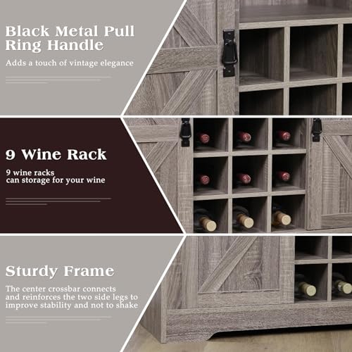 Coffee Bar Cabinet with Storage, Farmhouse Buffet Sideboard, Grey P7089