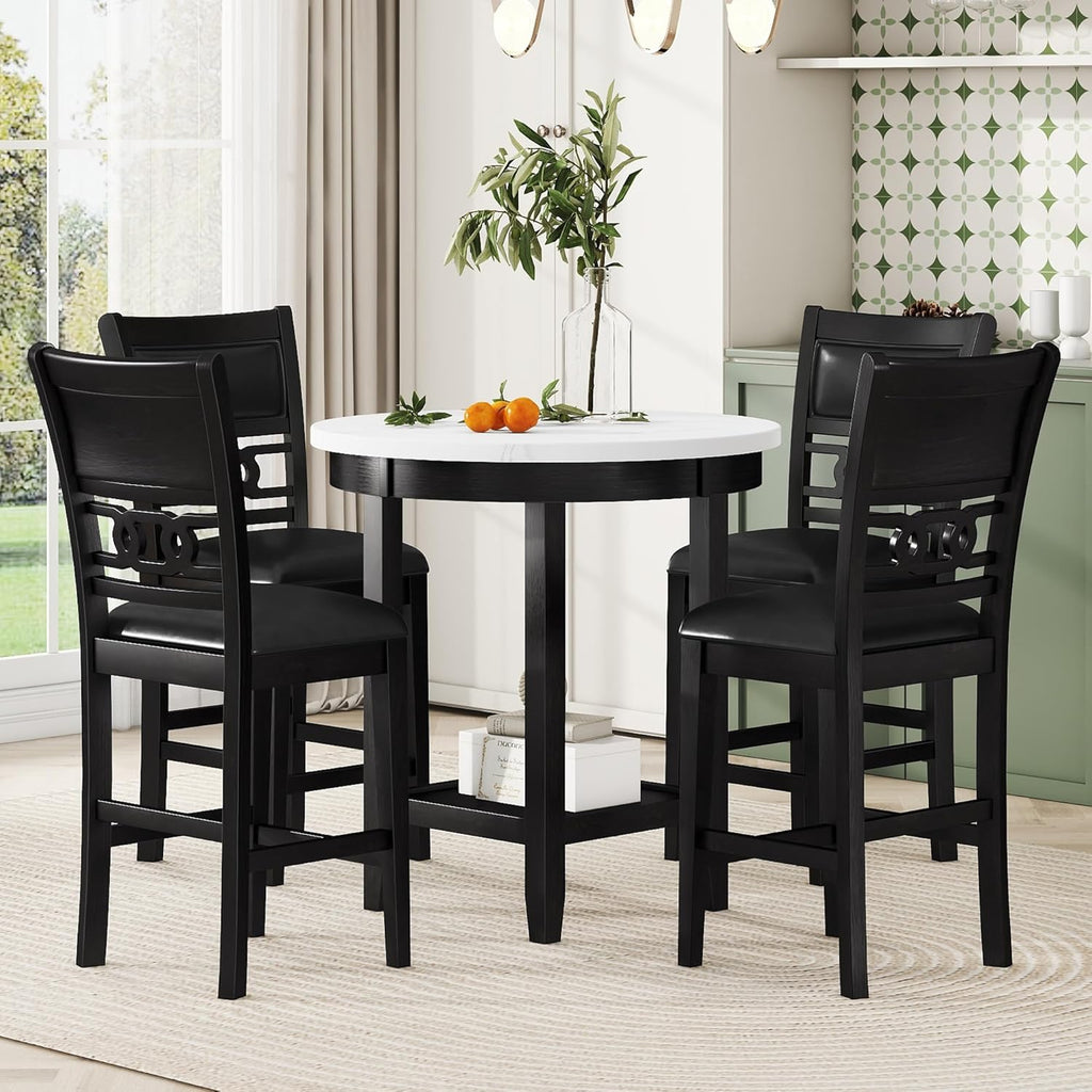 5-piece Counter Height Dining Table Set with Faux Marble Top and PU-leather Chairs, Dark Espresso U620443