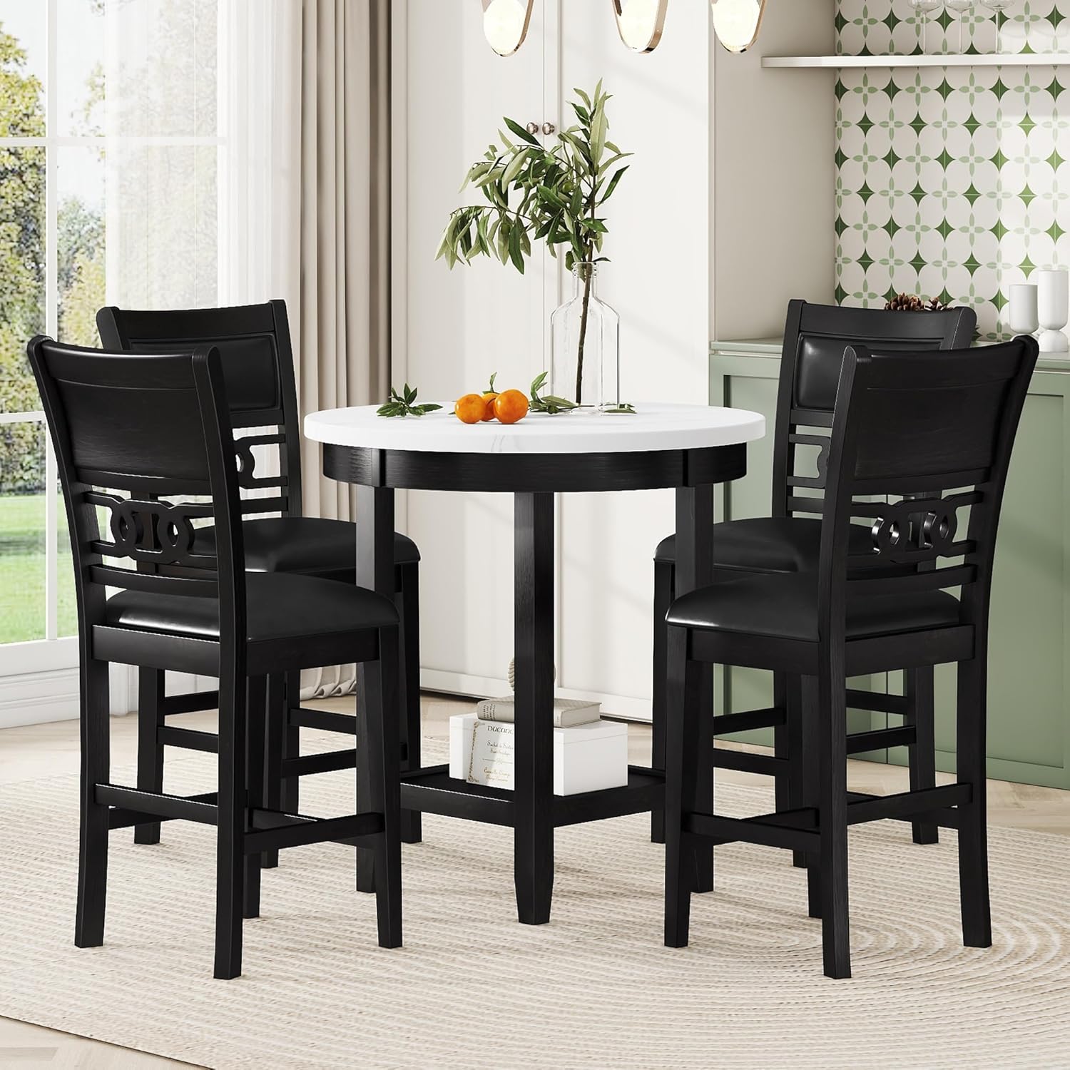 5-piece Counter Height Dining Table Set with Faux Marble Top and PU-leather Chairs, Dark Espresso U620443