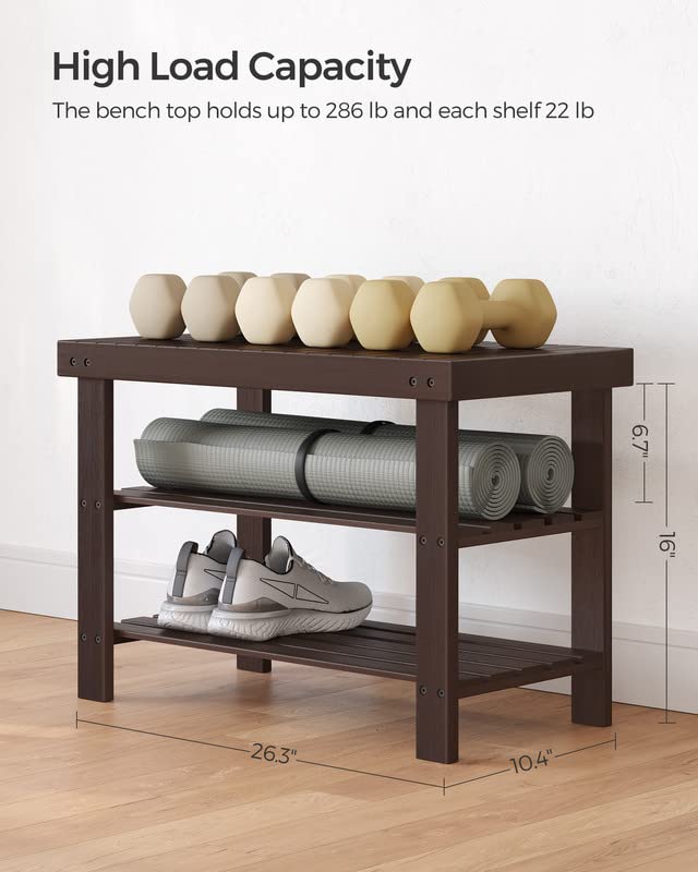 SONGMICS 3-Tier Bamboo Shoe Rack Bench, Entryway Storage, Ink Black X802