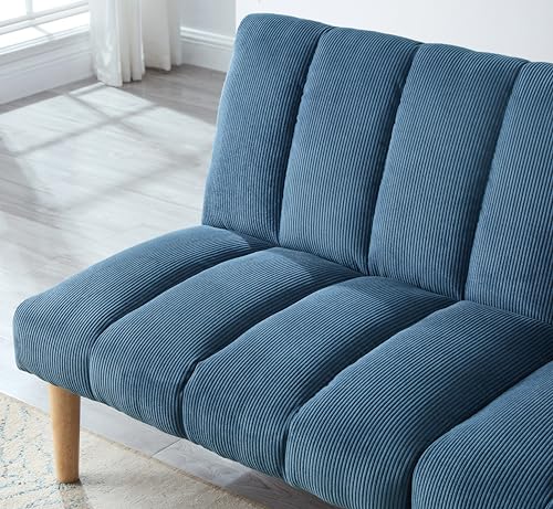 Majnesvon Modern Convertible Folding Sleeper Loveseat Sofa Couch, Corduroy, Blue Q971052