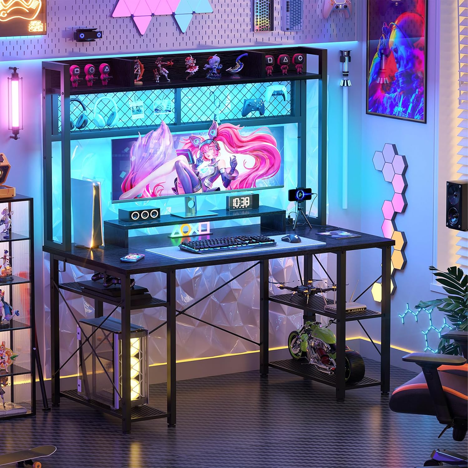 Gaming Desk with Hutch 47 Inch Computer Desk with LED Lights and Power Outlet, Black T635