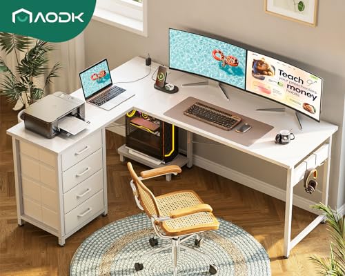 AODK L Shaped Gaming Desk with 4 Drawers, Power Outlets, Black P81263