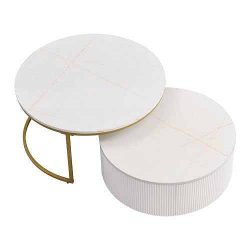 Round Nesting Coffee Table Set of 2 with Drawers, Gold Frame M124578
