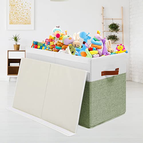 Large Toy Storage Box with Lid and Dividers for Kids, Beige and White X95078
