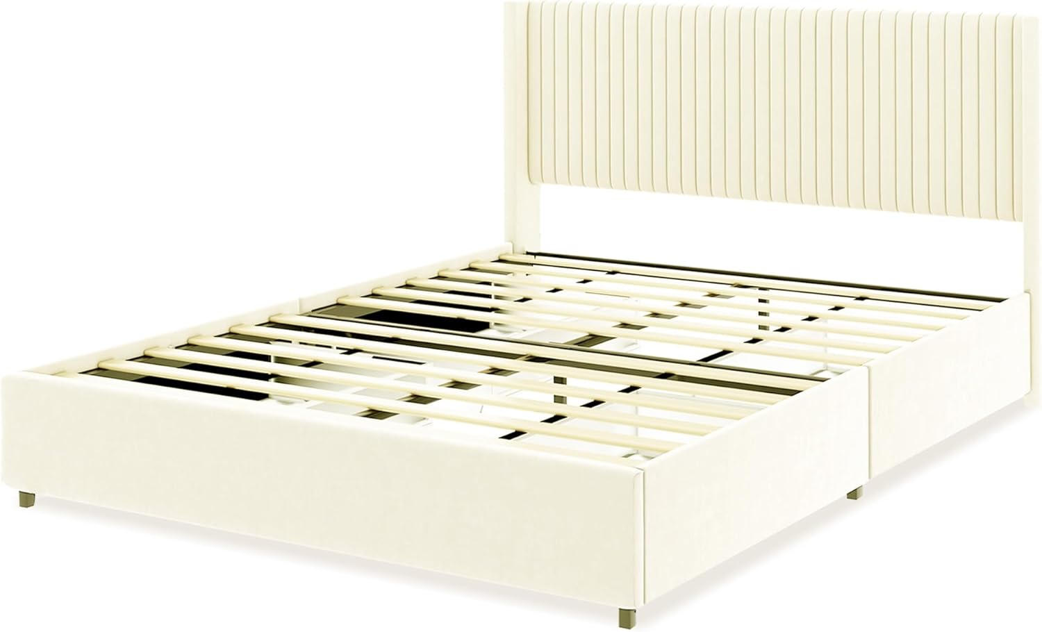 Dolonm Queen Size Upholstered Bed Frame with 4 Drawers Storage and Headboard, Ivory Velvet C23102