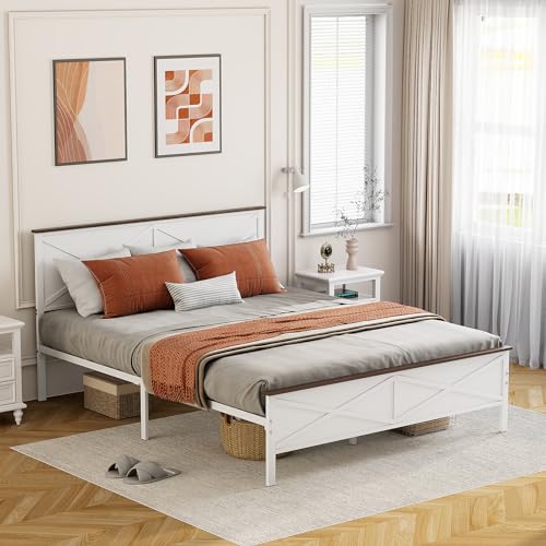 VOPEAK Farmhouse Queen Bed Frame with Headboard, Metal Platform, White E258