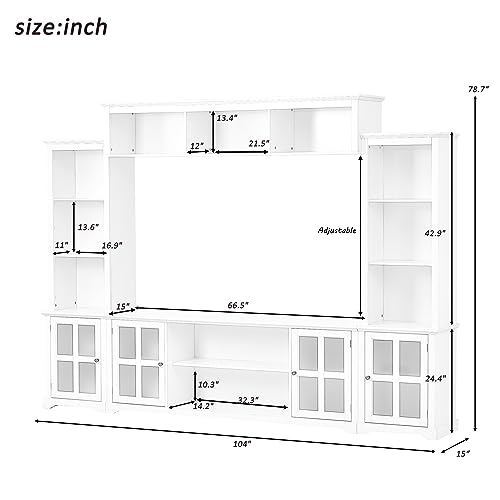 Modern 104" TV Stand with Storage Cabinets and Shelves, White M810