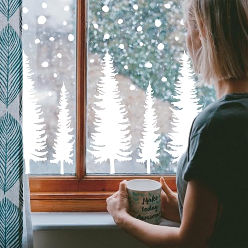 Whaline 9 Sheet Christmas Window Clings Snowy Forest Trees Reusable Window Decals H27510