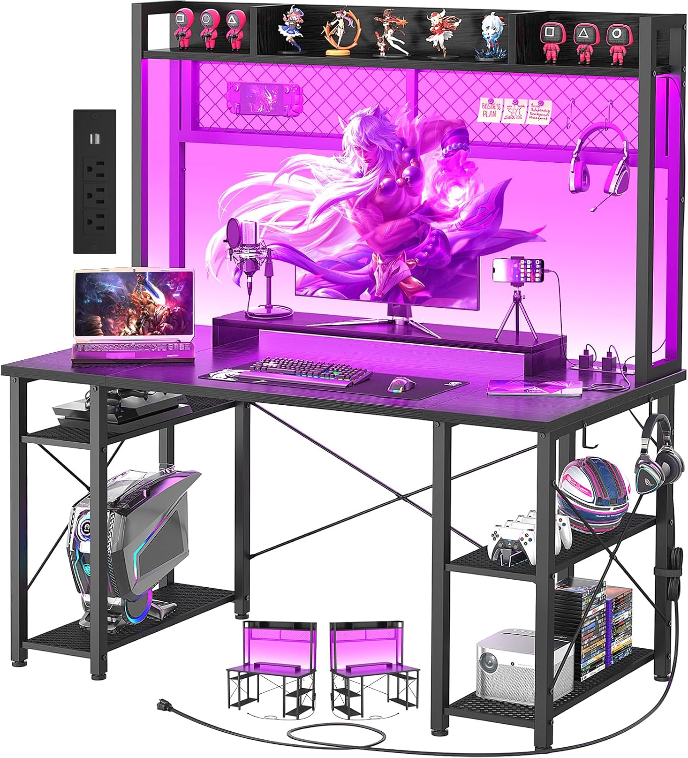 Gaming Desk with Hutch 47 Inch Computer Desk with LED Lights and Power Outlet, Black T635