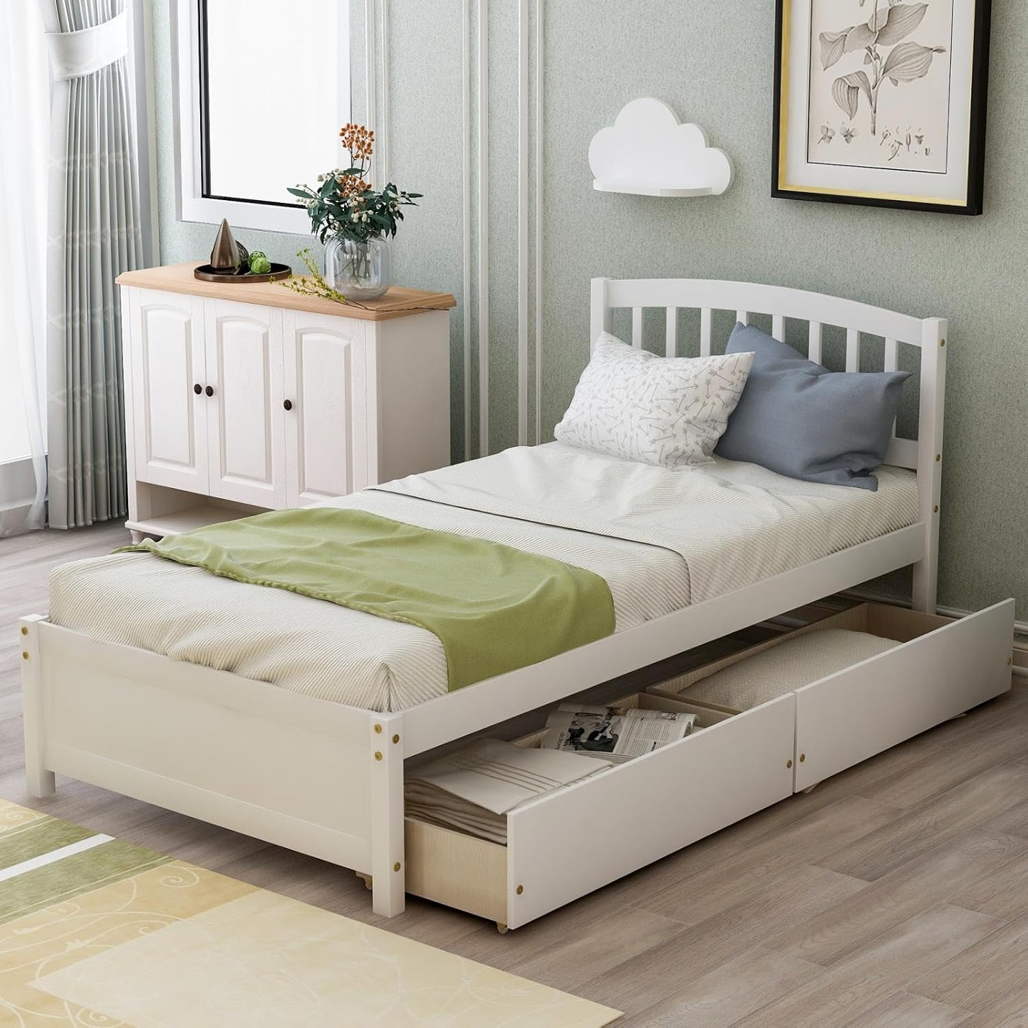 White Double Bed Frame with Storage Drawers and Headboard A3646