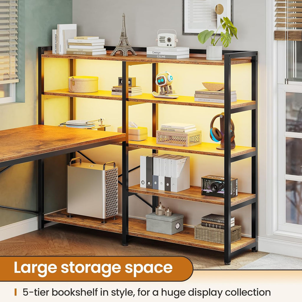 SEDETA L Shaped Computer Desk with Storage Shelves, Power Outlet & LED Light, Rustic Brown D399