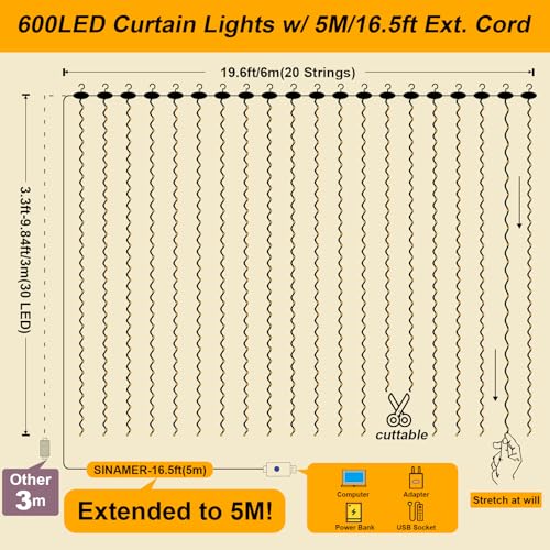 600LED Curtain Lights for Bedroom, Warm White, 8 Modes Y367582