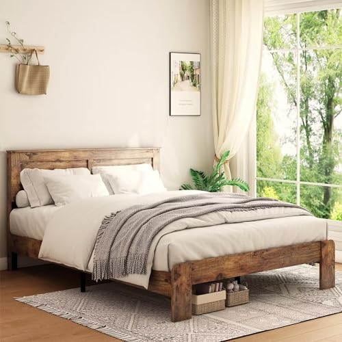 Queen Size Platform Bed Frame with Wood Headboard, Dark Brown U3153
