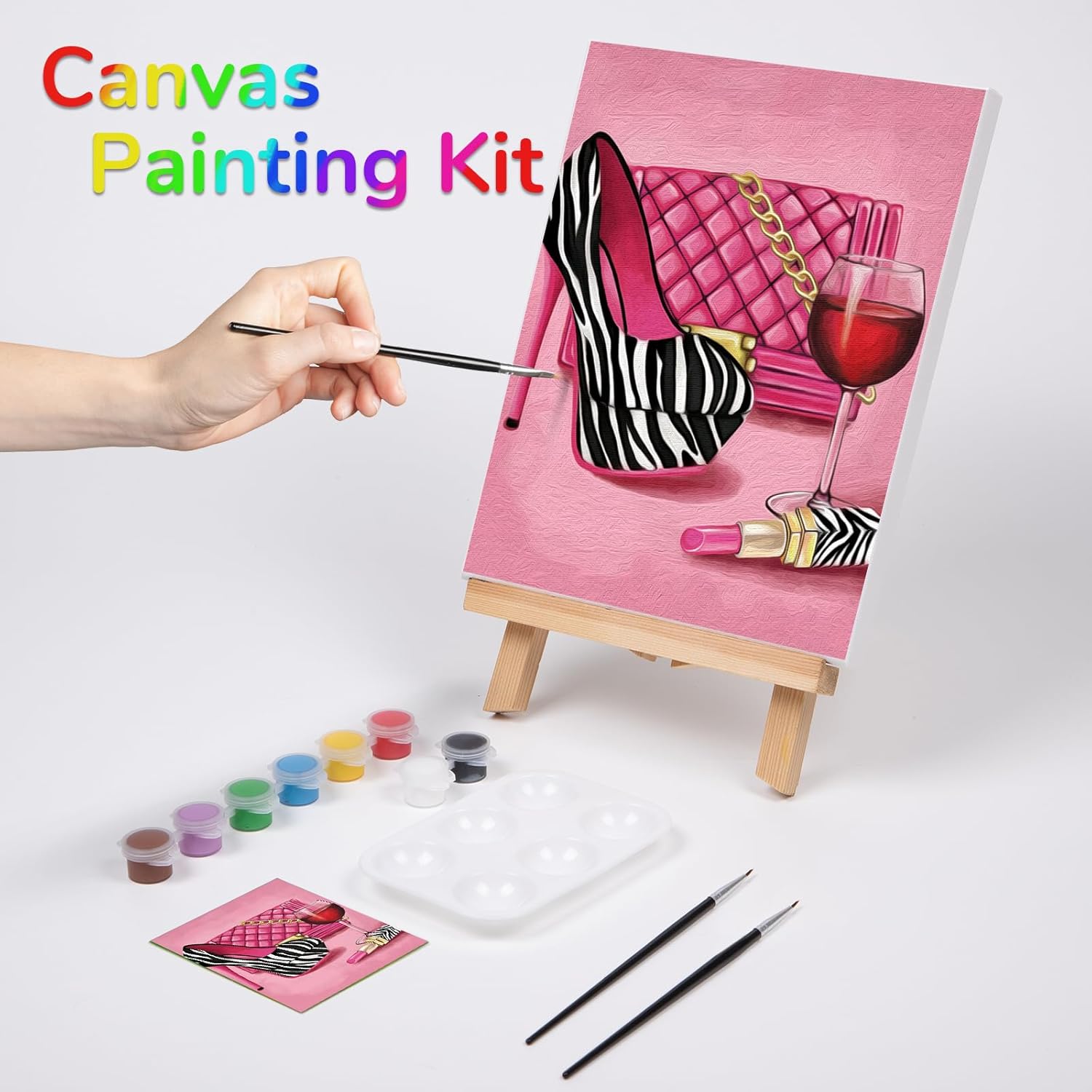 VOCHIC Paint and Sip Kit, Pre Drawn Canvas for Adults with Easel, 8 Acrylic Colors J9363