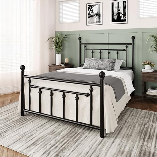 Allewie 14 Inch Full Size Metal Platform Bed Frame with Victorian Headboard, Black E84939