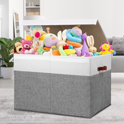 Large Toy Storage Box with Lid and Dividers for Kids, Beige and White X95078