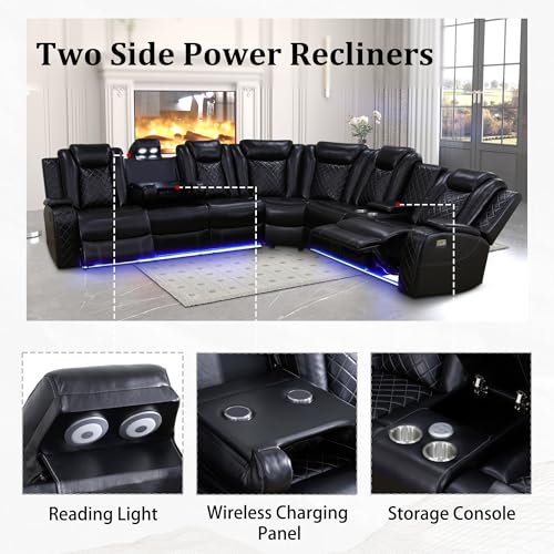 Leather Power Recliner Sectional Sofa with LED, USB Port and Cup Holder G14453