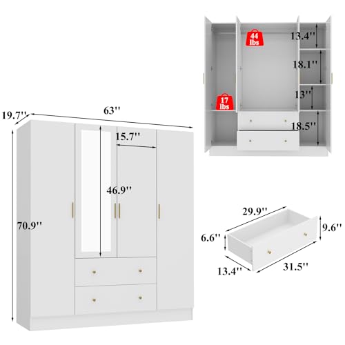 4-Door Armoire Wardrobe Closet with Mirror, 63" L, Black Brown N6401