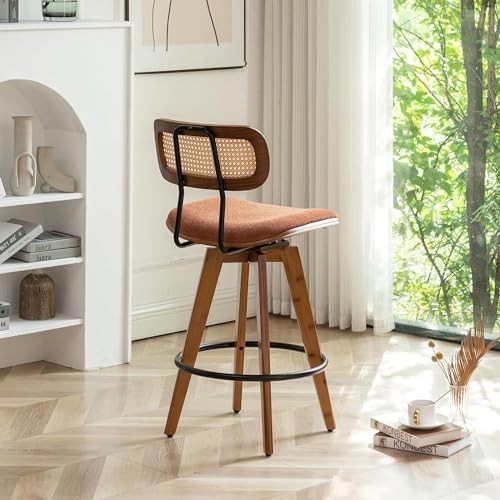 26" Rattan Bar Stools Set of 2, Linen Fabric Swivel Barstools with Wooden Legs B4938