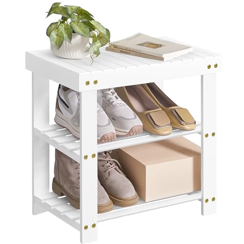 SONGMICS 3-Tier Bamboo Shoe Rack Bench, Entryway Storage, Ink Black X802