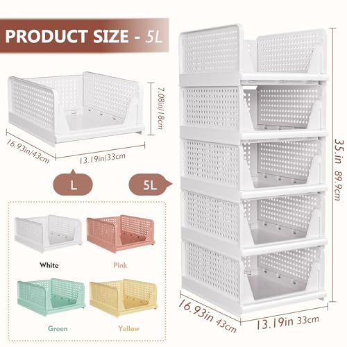 CTSNSLH 5 Pack Folding Closet Organizers Storage Box, Stackable Bins, White B5705