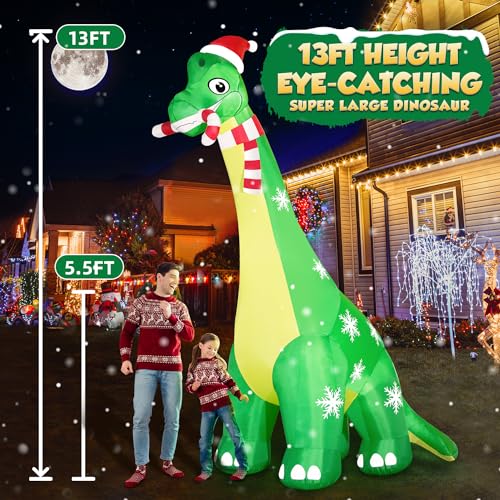 13FT Giant Dinosaur Christmas Inflatable with LED Lights and Candy Cane Santa Hat B668