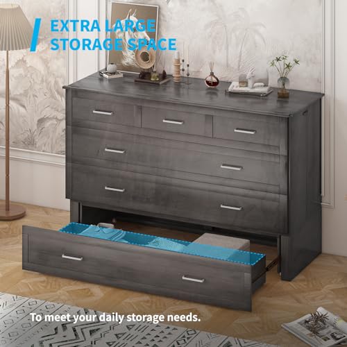 Mjkone Queen Murphy Bed with Tri-Fold Mattress, Charging Station and Storage Drawers, Cherry O58055