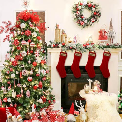 4PACK Christmas Stockings 18Inches Cable Knitted with Name Tags Red White U8263