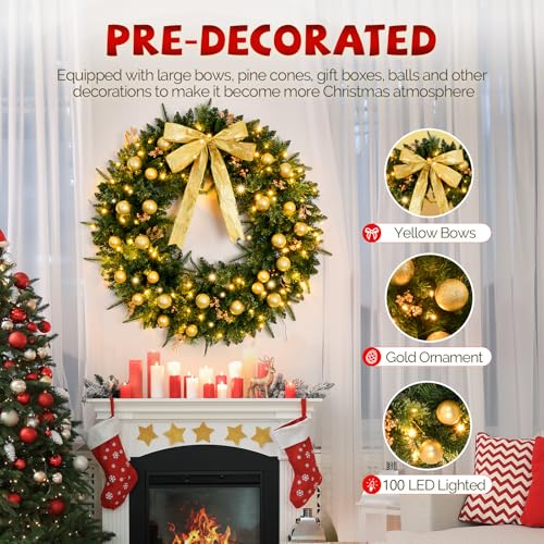 VINGLI 48 Inch Pre-lit Artificial Christmas Wreath with 150 LED Lights T885